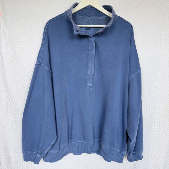 aerie Tops - Aerie Getaway Quarter Snap Sweatshirt Oversized Washed Blue Fleece XL